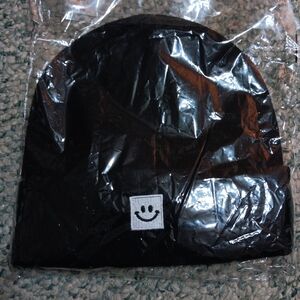 New Black Beanie with Smiley Patch